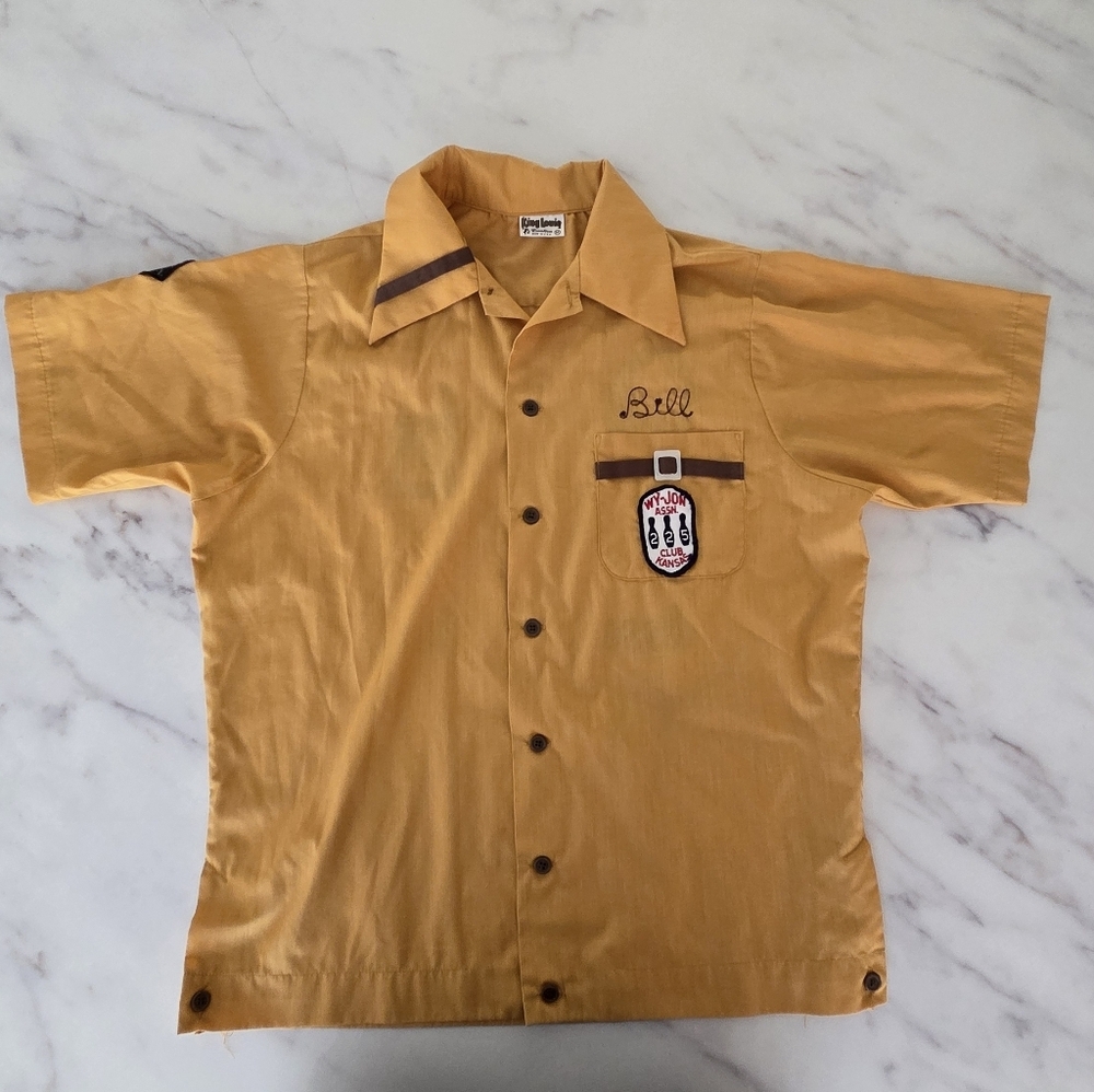 King Louie Vintage‎ Bowling Shirt in Mustard Yellow Embroidered Velour Back 70's